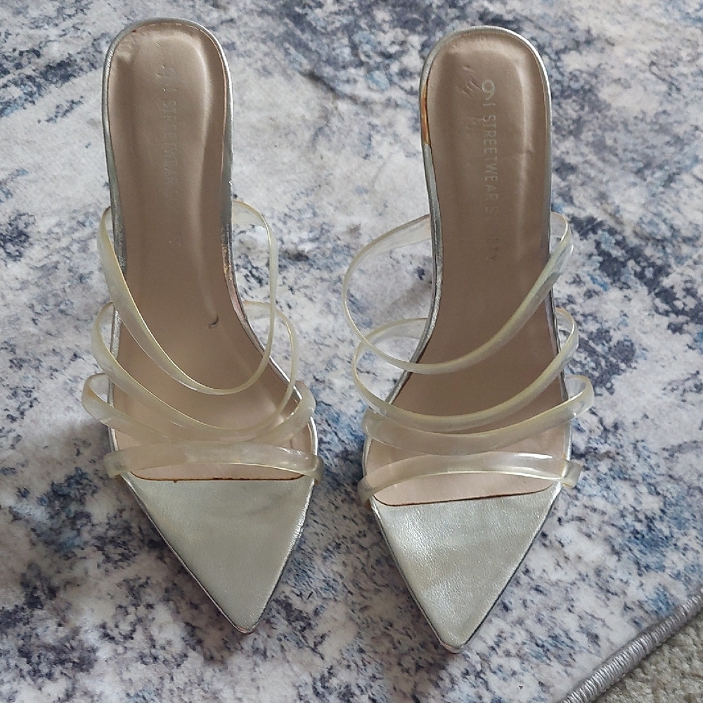 Streetwear Society Women's Iridescent Pearl Pointed Mules with Clear Straps